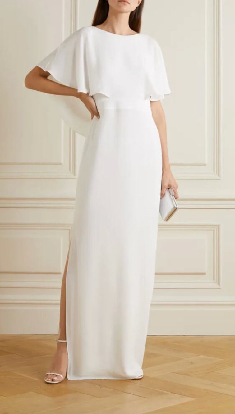 HALSTON HERITAGE Cape Effect Draped Crepe Gown Maxi Dress White US 4 NWT